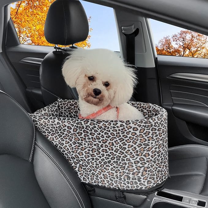 Pet Safety Booster Seat, Center Console Car Seat for Small Dogs Cats, Puppy Armrest Booster Seat, Pet Washable Travel Armrests Bed Bag, Removable Dog Car Seat for Small Pets Up to 13 Lbs (Leopard)