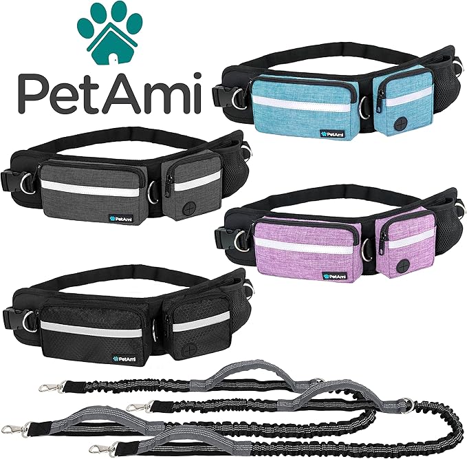 PetAmi Hands Free Dog Leash, Dog Running Leash Belt Bag for Walking, Jogging, Dog Waist Double Zipper Pouch with Poop Bag Dispenser, Dual Padded Handles Reflective Bungee Leash, Double (Charcoal Grey)