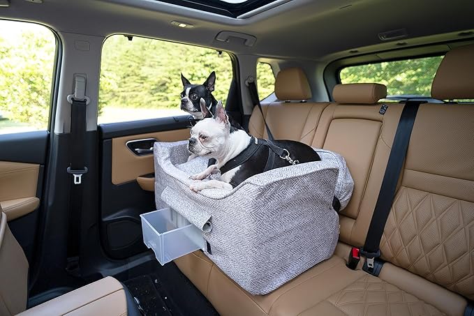 Snoozer Dog Car Seat with Storage Tray: Lookout II Dog Booster Car Seat for Pets up to 34lbs, Helps Alleviate Travel Sickness & Fear for Dogs, Removable Washable Cover – Palmer Dove, Size Large