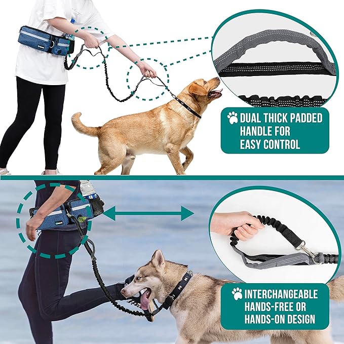PetAmi Hands Free Dog Leash Belt Bag for Walking, Jogging - Double Zipper Pouch with Poop Bag Dispenser, Dual Padded Handles Reflective Bungee Leash, Single (Navy)