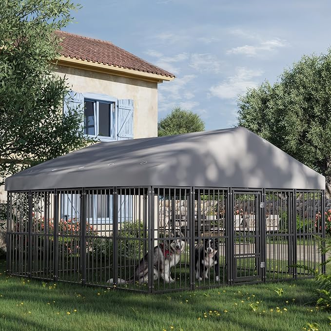 Large Dog Kennel Outside 10X10FT Heavy Duty Dog Cage with Feeding Door, Outdoor Dog Run with Roof and Double Safety Locks for Pets Enclosures