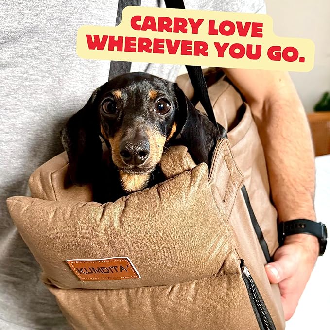 Kumdita' Center Console Dog Car Seat & Carrier for Small Dogs & Cats – Portable Booster with Sewn-in Leash, Machine Washable, Fits Most Vehicles (Brown)