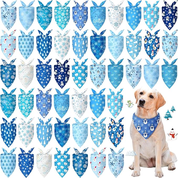 Preboun 50 Pcs Winter Dog Bandanas Bulk Blue Snowflakes Snowmen Bandanas for Dogs Triangle Kerchief Bibs Scarf Set for Pet Costume Photo Props Accessories Pet Shops, 25 Styles (31.5 x 21.7 x 21.7)