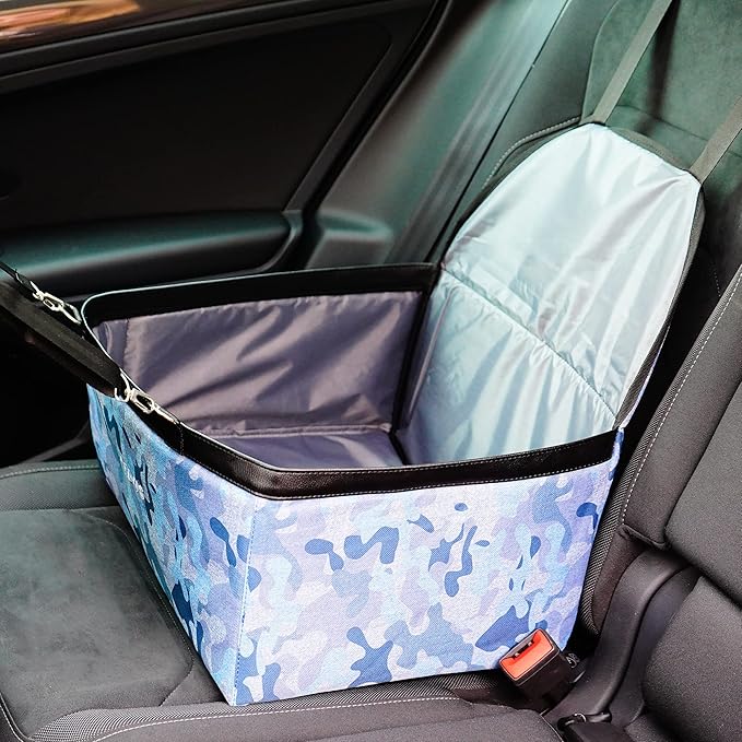 SUSSEXHOME Pets Water and Stain Proof Dog Car Seats for Small Dogs - 15.75 x 12.6 x 9.85 Inches Dog Booster Seat with Removable, Adjustable Fastening Straps - Blue-Patterned