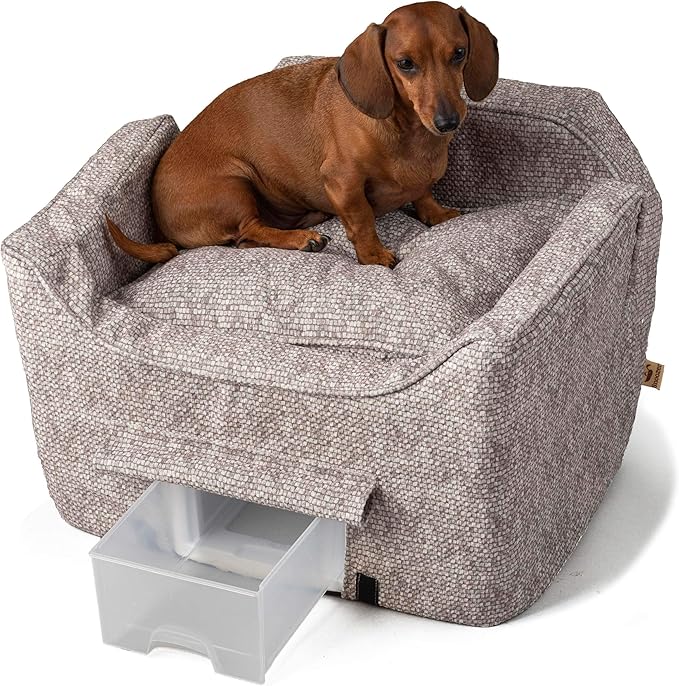 Snoozer Dog Car Seat with Storage Tray: Lookout II Dog Booster Car Seat for Pets up to 25lbs, Helps Alleviate Travel Sickness & Fear for Dogs, Removable Washable Cover – Merlin Linen, Size Medium