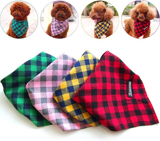 Adjustable Plaid Dog Bandanas,1PC Soft Washable Cotton Triangle Bib Kerchief Scarfs for Small Medium Large Dogs and Cats (Square Yellow, Large)