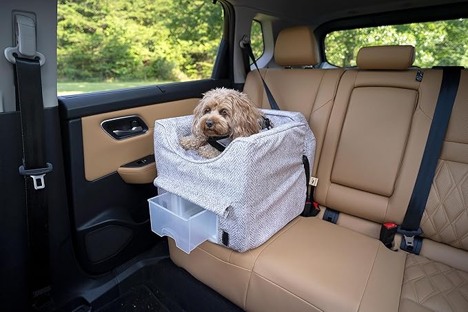 Snoozer Dog Car Seat with Storage Tray: Lookout II Dog Booster Car Seat for Pets up to 18lbs, Helps Alleviate Travel Sickness & Fear for Dogs, Removable Washable Cover – Palmer Dove, Size Small