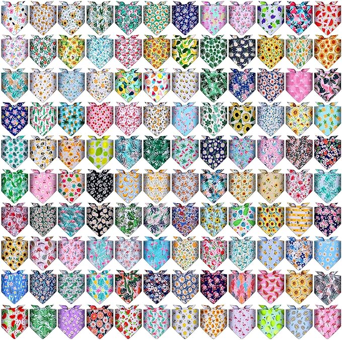 Amylove 120 Pcs Dog Bandanas Bulk Holiday Triangle Dog Pack Puppy Kerchief Bandana Adjustable Pet Scarf for Pet Cat Costume Accessories Decor(Flower)