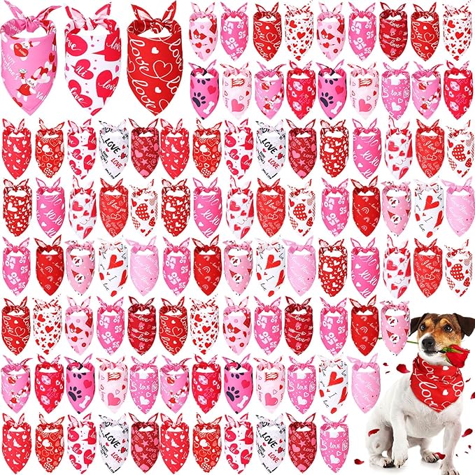 Retisee 100 Pieces Valentines Dog Bandanas Bulk Heart Puppy Bibs Triangle Dog Scarf Kerchief Set Pink Pet Bandanas for Valentines Day Pet Costume Accessories Decoration