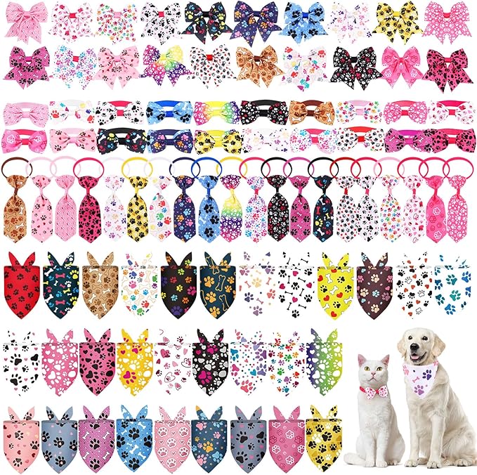 Reginary 120 Pcs Paw Bone Print Dog Bandanas Bulk Dog Bows Set Bow Ties Cat Scarf Colorful Washable Triangle Pet Kerchief Cute Bib for Summer Small Medium Large Pets Grooming Accessories Costume