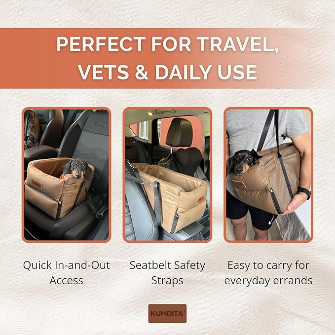 Kumdita' Center Console Car Seat & Carrier for Small Dogs & Cats with Dual Over-Seat Straps, Sewn-in Safety Leash & PE Board Base (Brown)
