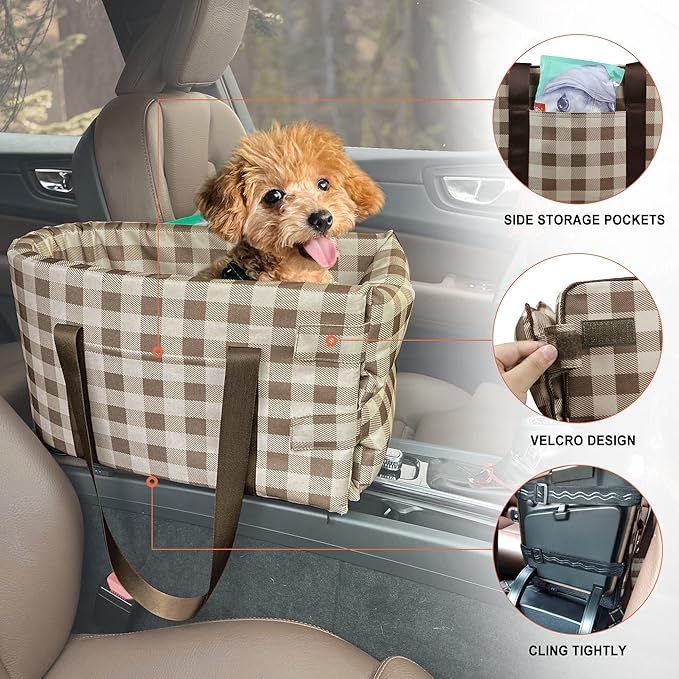 Dog Booster Car Seat ON Car Armrest,Puppy Travel Car Carrier Bed Center Console Doggie Seat for Small Pets Up to 10 Lbs,Detachable Dog Travel Bag for Most Car Deluxe Interactive Pet Seat