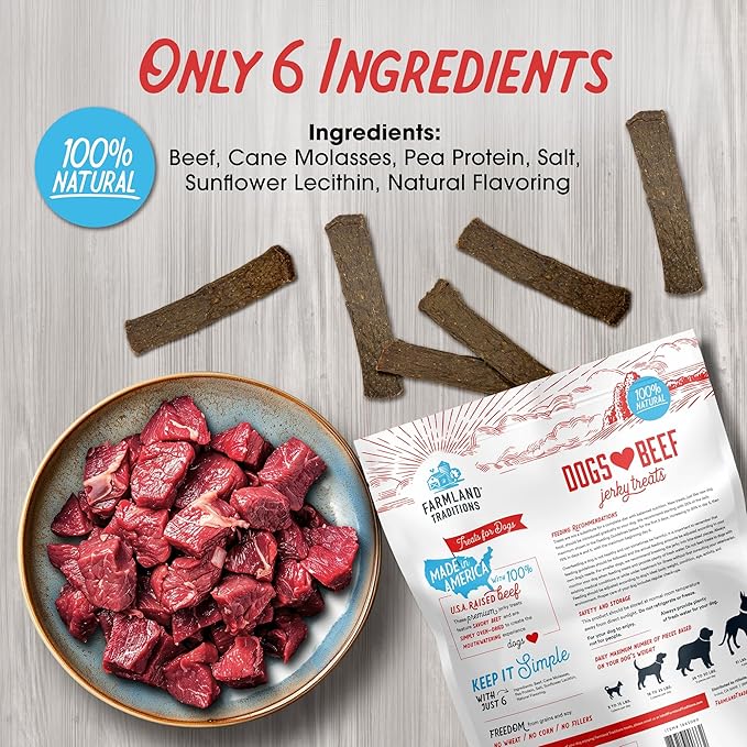 Farmland Traditions Dogs Love Beef Jerky Dog Treats, All Natural, Grain-Free, High Protein Training Treats, 2 Pound (Pack of 1) Bag