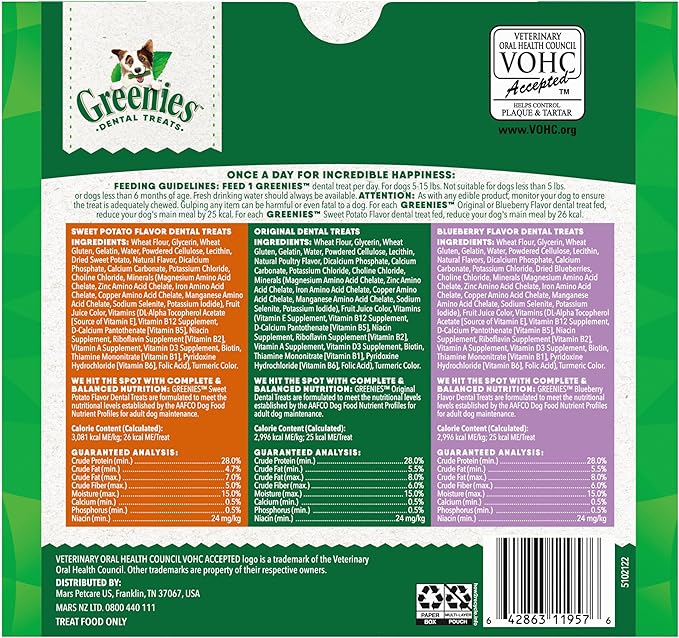 Greenies Veterinarian-Recommended Adult Natural Dental Dog Treats Teenie Size, Original Flavor, Sweet Potato Flavor, and Blueberry Flavor, (3) 12 oz. Packs, 129 Count