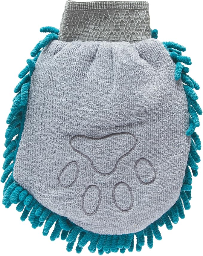 Messy Mutts Microfiber Grooming Mitt | Chenille Microfiber Dog Shammy Mitt | Machine Washable Paw Cleaner | Blue