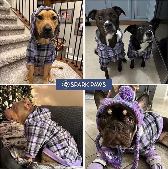 Spark Paws Dog Hoodie – Premium Dog Sweater for Small, Medium, and Large Dogs | Warm Outfits for French Bulldogs, Pitbull, Puppy, Winter Jacket Alternative - Purple Plaid - 2XL