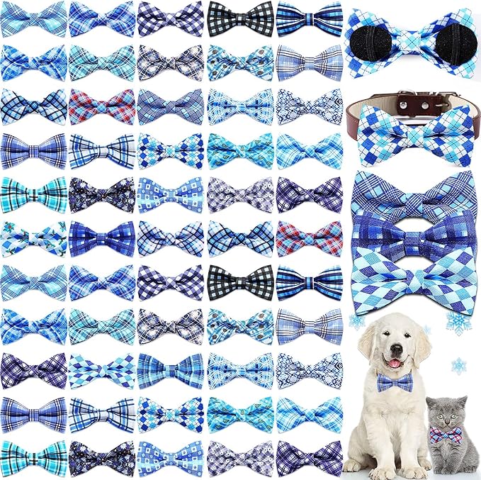 Silkfly 60 Pcs Winter Plaid Dog Collar Bow Ties Bulk Dog Bowtie Holiday Accessories Puppy Bows Detachable Collar Charms for Small Medium Large Dogs Cat Grooming Supplies Pet Costume