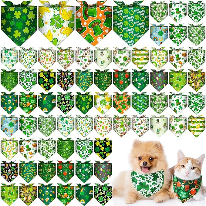 Reginary 72 Packs St. Patrick's Day Dog Bandanas Bulk Shamrock St. Patrick's Day Green Soft Dog Scarf Adjustable Pet Puppy Bibs Triangle Puppy Bibs Adjustable Cat Bandana for Pet Costume Accessories