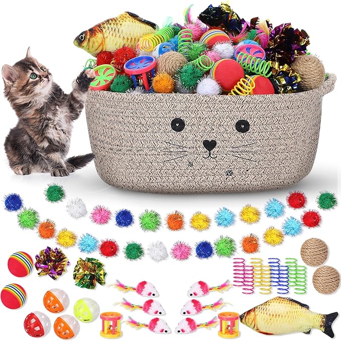 Zopeal 58 Pcs Cat Storage Basket Gift Toys Set, Colorful Flashing Balls Pet Bell Crinkle Balls Spring Toys Attract Cat to Swat, Hunt, Interactive for Pet(Dark Brown,12 Inch)