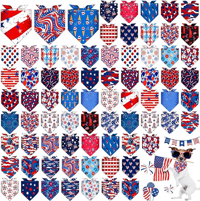 Reginary 72 Packs Veterans Day Dog Bandanas Bulk Remembrance Day Bandanas USA American Flag Pet Scarf Bibs Triangle Puppy Bibs Adjustable Puppy Scarf for Pet Costume Accessories