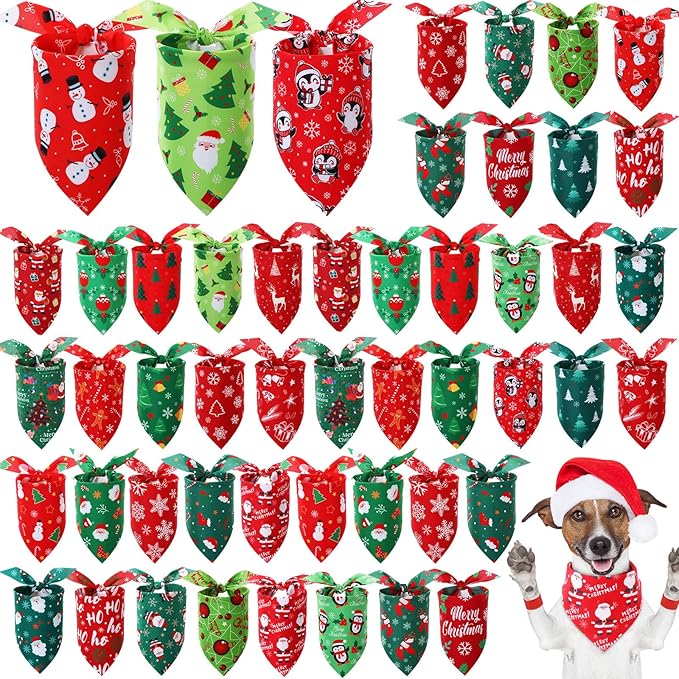 Preboun 50 Pcs Christmas Dog Bandanas Bulk Red and Green Bandanas for Dogs Triangle Kerchief Bibs Scarf Set for Pet Xmas Costume Photo Props Accessories Pet Shops, 25 Styles (31.5 x 21.7 x 21.7)