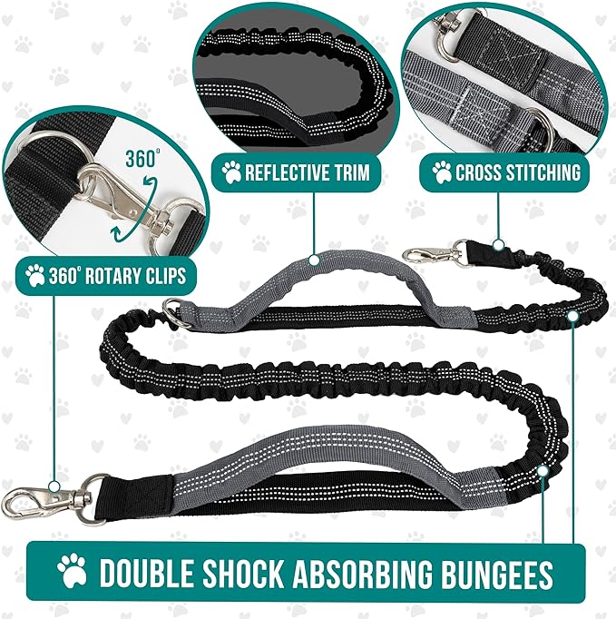 PetAmi Hands Free Dog Leash, Dog Running Leash Belt Bag for Walking, Jogging, Waist Double Zipper Pouch with Poop Bag Dispenser, Dual Padded Handle Reflective Leash, Single, Heather Grey, 1 Leash