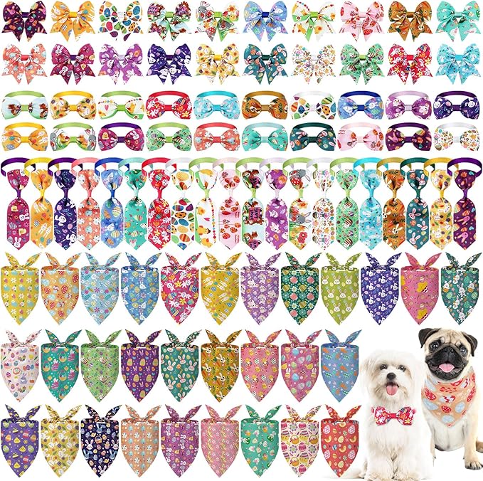 Reginary 120 Pcs Easter Dog Bandanas Bulk Dog Bows Set Bow Ties Cat Scarf Colorful Washable Triangle Pet Kerchief Cute Bib for Summer Small Medium Large Pets Grooming Accessories Costume