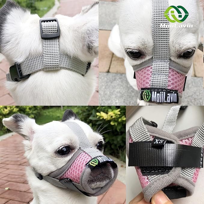 Extra Small Dog Muzzle XS for Grooming Barking Chewing, Barkless Soft Mesh Muzzles to Prevent Eating Poop Things,Best for Aggressive Dogs (Grey-Pink)