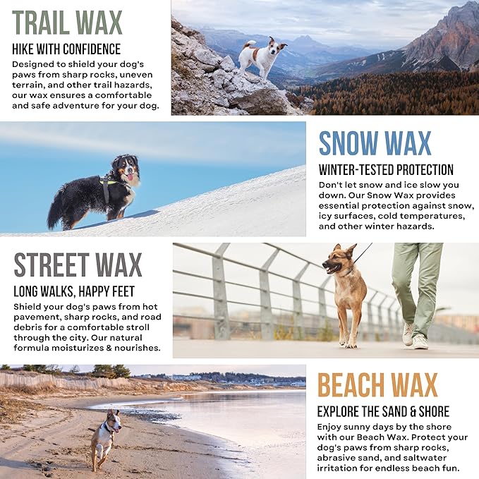 All-Terrain Dog Paw Waxes - 4 Protective Balms (Trail + Street + Beach + Snow) - Each Wax for Dogs is Specifically Formulated for Outdoor Environments - Natural Lick-Safe Ingredients - USA