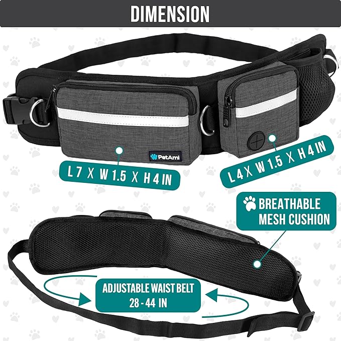 PetAmi Hands Free Dog Leash, Dog Running Leash Belt Bag for Walking, Jogging, Dog Waist Double Zipper Pouch with Poop Bag Dispenser, Dual Padded Handles Reflective Bungee Leash, Double (Charcoal Grey)