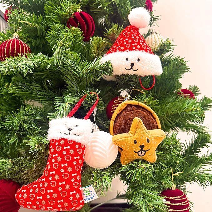 Christmas Stocking Nose-Work Plush Dog Toy, Durable Soft Squeaky with Hidden Treat Pocket, Crinkle Paper Sound, Hangable Design for Small, Medium & Large Dogs