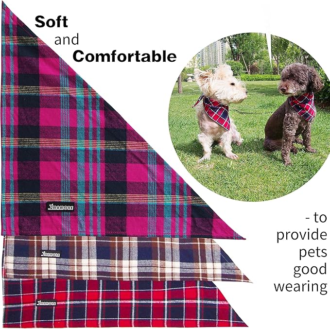 Adjustable Plaid Dog Bandanas,1PC Soft Washable Cotton Triangle Bib Kerchief Scarfs for Small Medium Large Dogs and Cats (Fuchsia&Blue, Small)
