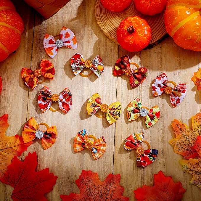 Tondiamo 100 Pack Thanksgiving Dog Hair Bows with Rubber Bands Puppy Rhinestone Grooming Pumpkin Turkey Pattern Accessories for Small Girl