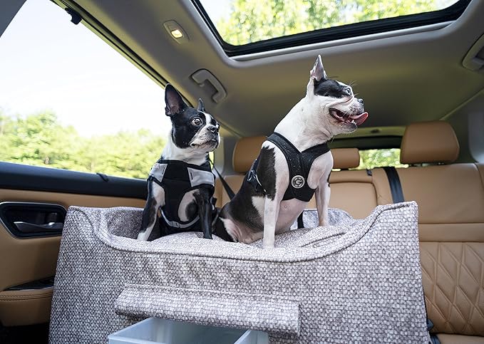 Snoozer Dog Car Seat with Storage Tray: Lookout II Dog Booster Car Seat for Pets up to 34lbs, Helps Alleviate Travel Sickness & Fear for Dogs, Removable Washable Cover – Merlin Linen, Size Large
