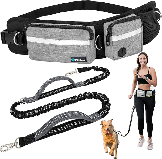 PetAmi Hands Free Dog Leash, Dog Running Leash Belt Bag for Walking, Jogging, Waist Double Zipper Pouch with Poop Bag Dispenser, Dual Padded Handle Reflective Leash, Single, Heather Grey, 1 Leash