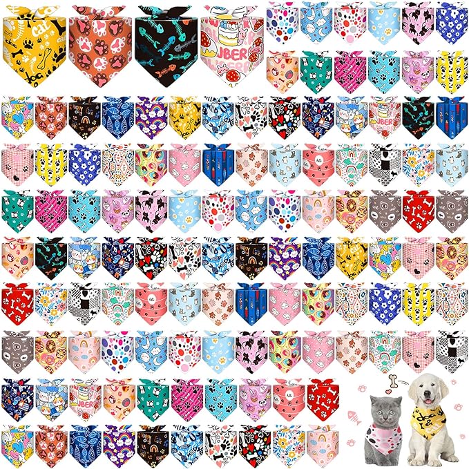 Amylove 120 Pcs Dog Bandanas Bulk Holiday Triangle Dog Pack Puppy Kerchief Bandana Adjustable Pet Scarf for Pet Cat Costume Accessories Decor(Cartoon)
