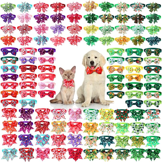 Ceenna 120 Pcs Valentine‘S Day Dog Bow Ties Collar Bulk Red Pink Cat Ties Collars St. Patrick's Day Shamrock Irish Adjustable for Pet Dog Puppy Festival Hair Bow Grooming Accessories