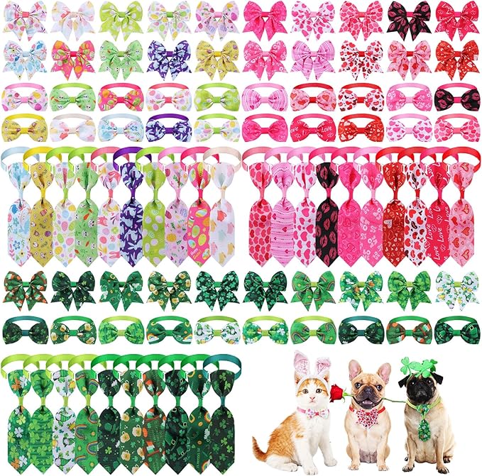 Reginary 100 Pieces Dog Bow Tie Collar Set Include 40 Dog Neckties, and 30 Puppy Bowties, 30 Collar Flowers, Adjustable Pet Ties Grooming for Small Medium Cats Pets Supply(Valentines,Irish, Easter)