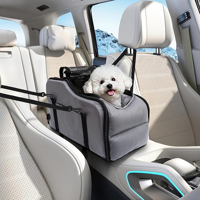 Center Console Dog Car Seat for Small Dogs, Portable Car Booster Seat, Upgrade Puppy Seat with Adjustable Seat Belts, Puppy Carrier Travel Backpack Supports Pets Up to 15 lbs