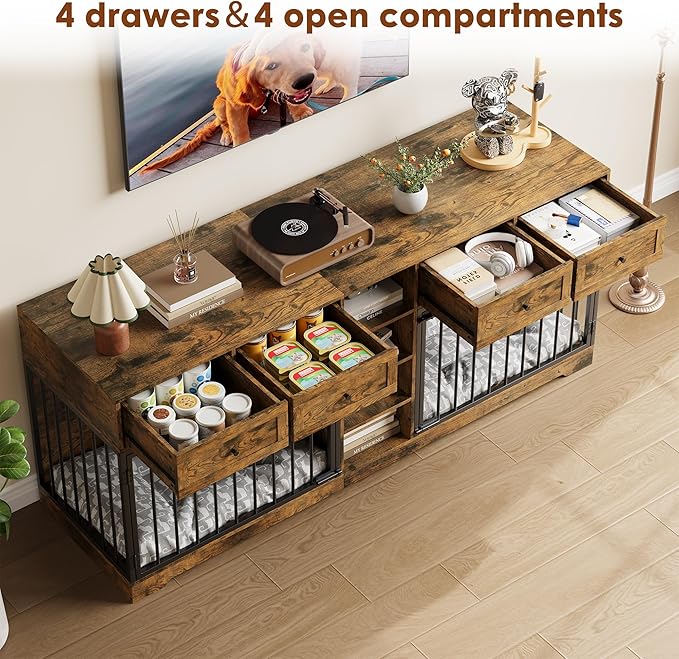 IDEALHOUSE 82" Large Dog Crate for 2 Dogs, Dog Kennel Indoor with 4 Drawers and Shelves, Double Dog Crate Furniture TV Stand, Wooden Dog Cage for Medium Large Dogs, Brown