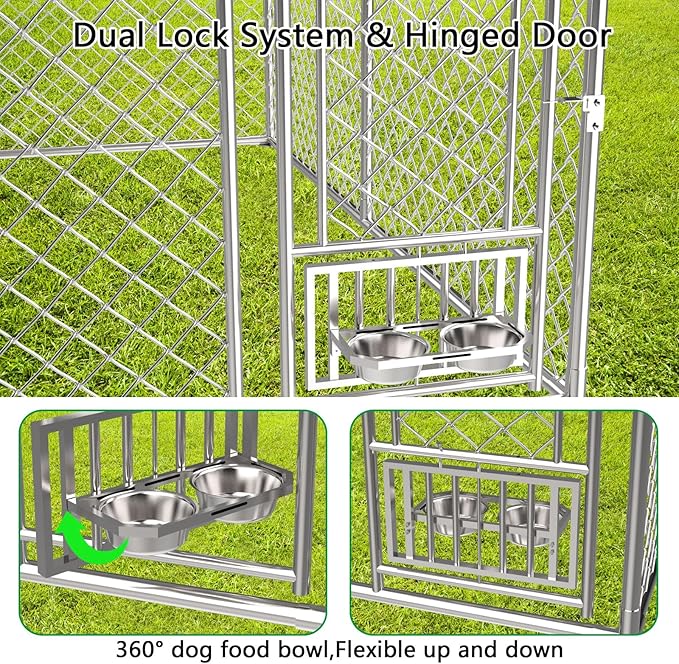 Outdoor Dog Kennel with Bowls 10x10 FT, Heavy Duty Large Outside Dog Enclosure with UV-Resistant Waterproof Sun-Proof Cover, Double Security Locks for Backyard Farm Ranch