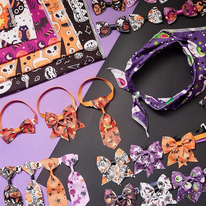 Reginary 120 Pcs Halloween Dog Bandanas Bulk Dog Bows Set Bow Ties Cat Scarf Colorful Washable Triangle Pet Kerchief Cute Bib for Summer Small Medium Large Pets Grooming Accessories Costume