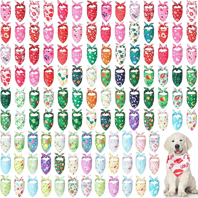Kigeli 120 Pcs Holiday Dog Bandanas Bulk Valentine's Day Bandana for Dogs St. Patrick's Day Easter Holiday Puppy Scarf Set Triangle Pet Bibs for Small Medium Large Puppy Cats（25.6 x 17.7 x 17.7 in