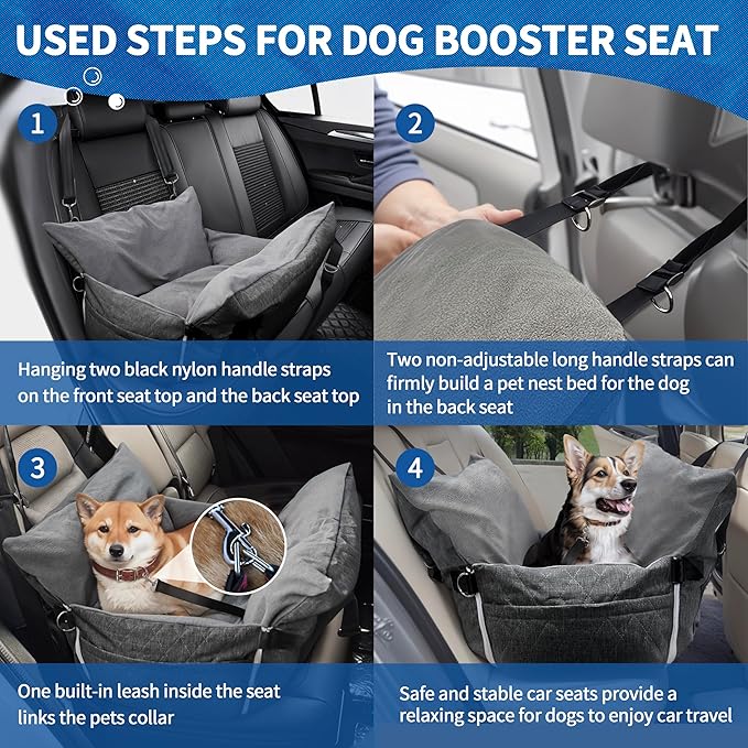 Johnear Dog Car Seat for Medium Dog Under 55 lbs, Winter Warm Pet Booster Seat Pet Travel Car Bed with 2 Pockets Safety Leash，Detachable and Waterproof Dogs Carrier Handbag Plush Seats Cushion Gray