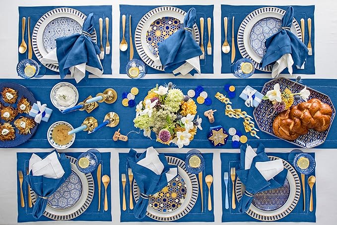 Solino Home Linen Placemats Set of 4 - Classic Hemstitch Indigo Blue Placemats 14 x 19 Inch - 100% Pure Linen Table Mats for Holiday, Winter, New Year