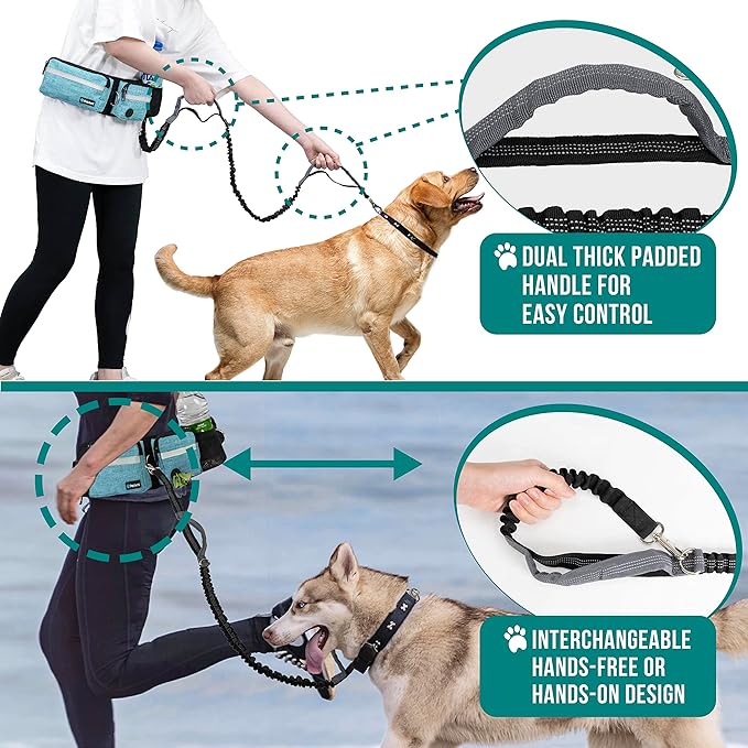 PetAmi Hands Free Dog Leash, Dog Running Leash Belt Bag for Walking, Jogging, Dog Waist Double Zipper Pouch with Poop Bag Dispenser, Dual Padded Handles Reflective Bungee Leash, Double (Turquoise)