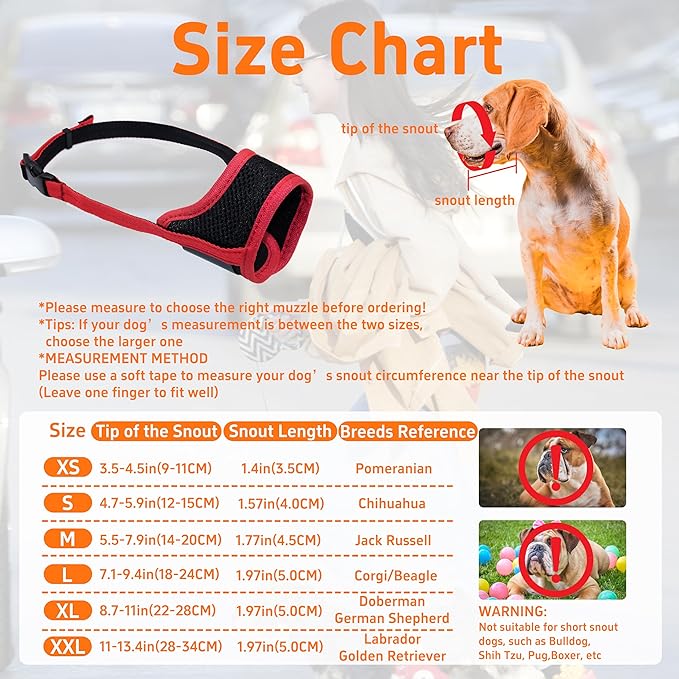 Dog Muzzle, Soft Breathable Muzzle for Small Medium Large Dogs, Air Mesh Nylon Muzzle Cover Prevent Biting Barking Chewing, Adjustable Drinkable Pet Muzzle 6 Sizes(Red,XXL)