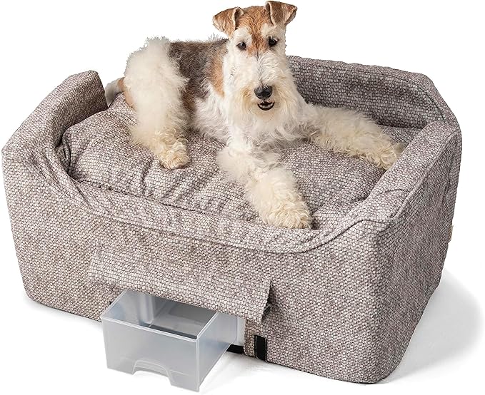 Snoozer Dog Car Seat with Storage Tray: Lookout II Dog Booster Car Seat for Pets up to 34lbs, Helps Alleviate Travel Sickness & Fear for Dogs, Removable Washable Cover – Merlin Linen, Size Large