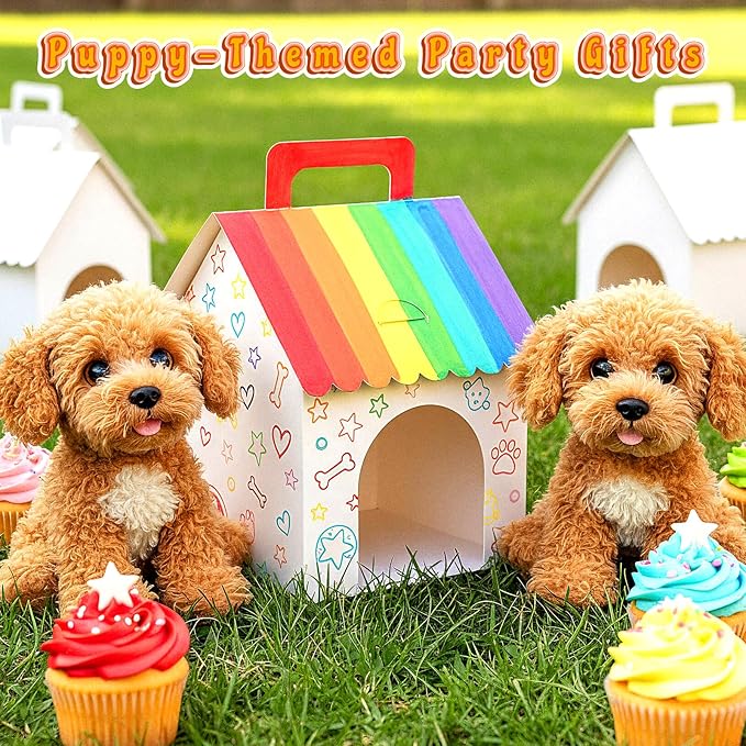 Afcabakila 24PCS Dog House Party Favor Boxes, Dog House Shaped Treat Gift Boxes with Holes Foldable Cardboard with Handles for Puppy Adoption, Birthday, Pet Theme Decorations (Dolls Not Included)