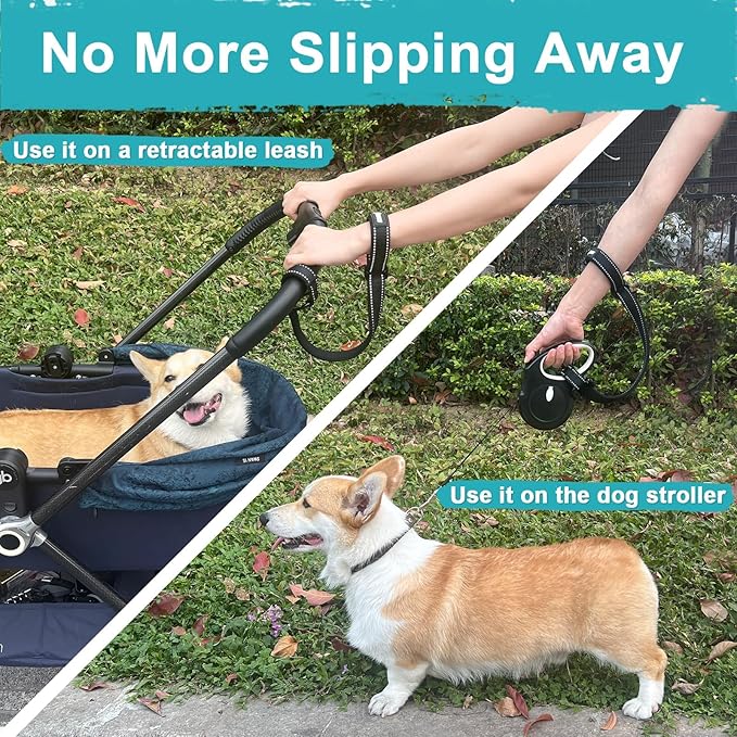 PetBonus Dog Leash Wrist Strap, Safety Strap for Retractable Leash, Lockable Reflective Short Dog Lead with Adjustable Soft Padded Handle for Walking, Extra Layer Security for Pet Stroller (Black)